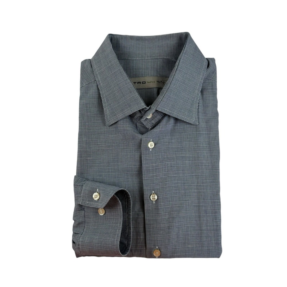 Etro Mens Navy Gray Checked Cotton Button Front Shirt Size 44 Made in Italy